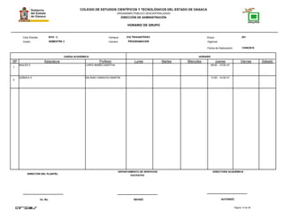 COLEGIO DE ESTUDIOS CIENTÍFICOS Y TECNOLÓGICOS DEL ESTADO DE OAXACA
ORGANISMO PÚBLICO DESCENTRALIZADO
DIRECCIÓN DE ADMINISTRACIÓN
HORARIO DE GRUPO
Campus:Ciclo Escolar:
Grado:
CARGA ACADÉMICA HORARIO
13/08/2016
Carrera:
Grupo:
NP Asignatura
018 TEHUANTEPEC 2012016 - 2
SEMESTRE 2 PROGRAMACIÓN
Profesor Lunes Martes Miercoles Jueves Viernes Sabado
Fecha de Elaboración:
Vigencia:
1
INGLÉS II LOPEZ IBAÑEZ MARTHA 09:00 - 10:00 A7
2
QUÍMICA II SALINAS CAMACHO MARTIN 13:00 - 14:00 A1
Página 13 de 38
DIRECTOR DEL PLANTEL
Vo. Bo. REVISÓ AUTORIZÓ
DEPARTAMENTO DE SERVICIOS
DOCENTES.
DIRECTORA ACADÉMICA
 