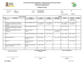 COLEGIO DE ESTUDIOS CIENTÍFICOS Y TECNOLÓGICOS DEL ESTADO DE OAXACA
ORGANISMO PÚBLICO DESCENTRALIZADO
DIRECCIÓN DE ADMINISTRACIÓN
HORARIO DE GRUPO
Campus:Ciclo Escolar:
Grado:
CARGA ACADÉMICA HORARIO
13/08/2016
Carrera:
Grupo:
NP Asignatura
018 TEHUANTEPEC 3012016 - 2
SEMESTRE 3 PROGRAMACIÓN
Profesor Lunes Martes Miercoles Jueves Viernes Sabado
Fecha de Elaboración:
Vigencia:
1
BIOLOGÍA MARCIAL RUIZ JOSE LUIS 09:00 - 10:00 A7 08:00 - 09:00 A7 11:00 - 12:00 A7 11:00 - 12:00
LABORATORIO
2
DESARROLLA SOFTWARE DE APLICACIÓN
UTILIZANDO PROGRAMACIÓN ORIENTADA A
OBJETOS
OROZCO CABRERA JOSE LUIS 11:00 - 13:00 SALA
DE COMPUTO
11:00 - 13:00 SALA
DE COMPUTO
07:00 - 10:00 A7 09:00 - 10:00 SALA
DE COMPUTO
07:00 - 09:00 SALA
DE COMPUTO
3
DESARROLLA SOFTWARE DE APLICACIÓN
UTILIZANDO PROGRAMACIÓN ORIENTADA A
OBJETOS
OROZCO CABRERA JOSE LUIS 10:00 - 12:00 A7
4
DISEÑA Y ADMINISTRA BASES DE DATOS
AVANZADAS
ZARATE VELASQUEZ
CITLALLY
07:00 - 08:00 A7 12:00 - 14:00 SALA
DE COMPUTO
07:00 - 08:00 A7
5
ÉTICA PACHECO LOPEZ ALMA DELIA 07:00 - 08:00 A7 13:00 - 14:00 A7 12:00 - 13:00 A7 09:00 - 10:00 A7
6
GEOMETRÍA ANALÍTICA DOCENTE TEMPORAL 2
PLANTEL 18
08:00 - 09:00 A7 10:00 - 11:00 A7 08:00 - 09:00 A7 10:00 - 11:00 A7
7
INGLÉS III DOCENTE TEMPORAL 1
PLANTEL 18
10:00 - 11:00 A7 09:00 - 10:00 A7 12:00 - 13:00 A7
8
ACTIVIDAD COMPLEMENTARIA BANDA DE
GUERRA Y/O ESCOLTA
GUZMAN VILLALOBOS JOSE
MANUEL
16:00 - 18:00 A7
Página 17 de 38
DIRECTOR DEL PLANTEL
Vo. Bo. REVISÓ AUTORIZÓ
DEPARTAMENTO DE SERVICIOS
DOCENTES.
DIRECTORA ACADÉMICA
 