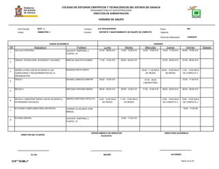 COLEGIO DE ESTUDIOS CIENTÍFICOS Y TECNOLÓGICOS DEL ESTADO DE OAXACA
ORGANISMO PÚBLICO DESCENTRALIZADO
DIRECCIÓN DE ADMINISTRACIÓN
HORARIO DE GRUPO
Campus:Ciclo Escolar:
Grado:
CARGA ACADÉMICA HORARIO
13/08/2016
Carrera:
Grupo:
NP Asignatura
018 TEHUANTEPEC 5032016 - 2
SEMESTRE 5 SOPORTE Y MANTENIMIENTO DE EQUIPO DE CÓMPUTO
Profesor Lunes Martes Miercoles Jueves Viernes Sabado
Fecha de Elaboración:
Vigencia:
1
CÁLCULO INTEGRAL DOCENTE TEMPORAL 2
PLANTEL 18
07:00 - 08:00 A15 13:00 - 14:00 A15 12:00 - 13:00 A15 10:00 - 11:00 A15 09:00 - 10:00 A15
2
CIENCIA, TECNOLOGÍA, SOCIEDAD Y VALORES MARCIAL BAUTISTA RUBEN 11:00 - 12:00 A15 08:00 - 09:00 A15 07:00 - 08:00 A15 07:00 - 08:00 A15
3
DISEÑA LA RED LAN DE ACUERDO A LAS
CONDICIONES Y REQUERIMIENTOS DE LA
ORGANIZACIÓN
RASGADO MOYA ERICA 09:00 - 11:00 SALA
DE REDES
09:00 - 10:00 SALA
DE REDES
11:00 - 13:00 SALA
DE COMPUTO 2
4
FÍSICA II SALINAS CAMACHO MARTIN 09:00 - 10:00 A15 07:00 - 09:00
LABORATORIO
10:00 - 11:00 A15
5
INGLÉS V SANTIAGO ANTONIO MARIO 08:00 - 09:00 A15 09:00 - 10:00 A15 11:00 - 12:00 A15 08:00 - 09:00 A15 08:00 - 09:00 A15
6
INSTALA Y MANTIENE REDES LAN DE ACUERDO A
ESTÁNDARES OFICIALES
JIMENEZ SANTIAGO HIPOLITO 12:00 - 14:00 SALA
DE REDES
11:00 - 13:00 SALA
DE REDES
12:00 - 14:00 SALA
DE COMPUTO 2
13:00 - 14:00 SALA
DE COMPUTO 2
7
ACTIVIDAD COMPLEMENTARIA DEPORTES GUZMAN VILLALOBOS JOSE
MANUEL
16:00 - 17:00 A8
8
TUTORIA GRUPAL DOCENTE TEMPORAL 2
PLANTEL 18
10:00 - 11:00 A15
Página 32 de 38
DIRECTOR DEL PLANTEL
Vo. Bo. REVISÓ AUTORIZÓ
DEPARTAMENTO DE SERVICIOS
DOCENTES.
DIRECTORA ACADÉMICA
 