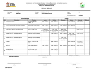 COLEGIO DE ESTUDIOS CIENTÍFICOS Y TECNOLÓGICOS DEL ESTADO DE OAXACA
ORGANISMO PÚBLICO DESCENTRALIZADO
DIRECCIÓN DE ADMINISTRACIÓN
HORARIO DE GRUPO
Campus:Ciclo Escolar:
Grado:
CARGA ACADÉMICA HORARIO
13/08/2016
Carrera:
Grupo:
NP Asignatura
018 TEHUANTEPEC 5062016 - 2
SEMESTRE 5 DISEÑO GRÁFICO DIGITAL
Profesor Lunes Martes Miercoles Jueves Viernes Sabado
Fecha de Elaboración:
Vigencia:
1
CÁLCULO INTEGRAL DOCENTE TEMPORAL 2
PLANTEL 18
09:00 - 10:00 A18 12:00 - 13:00 A18 11:00 - 13:00 A18 11:00 - 12:00 A18
2
CIENCIA, TECNOLOGÍA, SOCIEDAD Y VALORES CABRERA GUTIERREZ ERIKA 10:00 - 11:00 A18 08:00 - 09:00 A18 07:00 - 08:00 A18 07:00 - 08:00 A18
3
CONSTRUYE OBJETOS VIRTUALES EN 3D CHICATTI COMO JOSE 07:00 - 09:00
TALLER DE DISEÑO
GRÁFICO
11:00 - 12:00
TALLER DE DISEÑO
GRÁFICO
08:00 - 09:00
TALLER DE DISEÑO
GRÁFICO
09:00 - 11:00 A18
4
DISEÑA OBJETOS TRIDIMENSIONALES VELAZQUEZ TIBURCIO JESUS 07:00 - 08:00 A18 10:00 - 11:00 A18 10:00 - 11:00
TALLER DE DISEÑO
GRÁFICO
12:00 - 13:00 A18
5
DISEÑA OBJETOS TRIDIMENSIONALES VELAZQUEZ TIBURCIO JESUS 11:00 - 13:00
TALLER DE DISEÑO
GRÁFICO
6
FÍSICA II AMADOR AQUINO FELIPE
ANGEL
09:00 - 10:00 A18 09:00 - 10:00 A18 07:00 - 09:00
LABORATORIO
7
INGLÉS V LOPEZ IBAÑEZ MARTHA 11:00 - 12:00 A18 13:00 - 14:00 A18 09:00 - 10:00 A18 08:00 - 09:00 A18 13:00 - 14:00 A18
8
TUTORIA GRUPAL CHICATTI COMO JOSE 10:00 - 11:00 A18
Página 36 de 38
DIRECTOR DEL PLANTEL
Vo. Bo. REVISÓ AUTORIZÓ
DEPARTAMENTO DE SERVICIOS
DOCENTES.
DIRECTORA ACADÉMICA
 