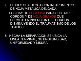 EL HILO SE COLOCA CON INSTRUMENTOS DE HOJA METALICA DELGADA. LOS HAY DE  HOJA LISA  PARA SUJETAR EL CORDON Y DE  HOJA GRANDE  QUE PERMITE LA INSERCION DEL CORDON DISMINUYENDO EL TRAUMATISMO DE LOS TEJIDOS 5.  HECHA LA SEPARACION SE UBICA LA LINEA TERMINAL, SU PROFUNDIDAD, UNIFORMIDAD Y LISURA . 
