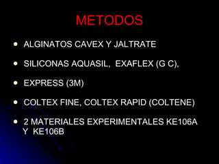METODOS ALGINATOS CAVEX Y JALTRATE SILICONAS AQUASIL,  EXAFLEX (G C), EXPRESS (3M) COLTEX FINE, COLTEX RAPID (COLTENE)  2 MATERIALES EXPERIMENTALES KE106A  Y  KE106B  