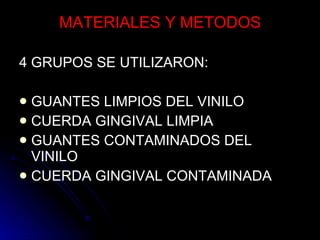 MATERIALES Y METODOS 4 GRUPOS SE UTILIZARON: GUANTES LIMPIOS DEL VINILO CUERDA GINGIVAL LIMPIA GUANTES CONTAMINADOS DEL VINILO CUERDA GINGIVAL CONTAMINADA 