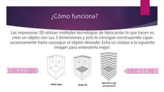 ¿Cómo funciona?
Las impresoras 3D utilizan múltiples tecnologías de fabricación lo que hacen es
crear un objeto con sus 3 dimensiones y esto lo consigue construyendo capas
sucesivamente hasta conseguir el objeto deseado. Echa un vistazo a la siguiente
imagen para entenderlo mejor:
 