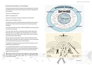 Mauricio Navarro Urban Interlude



Dimensions and perception in the soundscape

The figure exposed above shows the sensations that are experimented in a city inside
the soundwalk or urban trip of the sound using four key concepts for meditating in the
sound landscape:

Cacophony: mix of negative sounds

Hubbub: mix of positive sounds

Constant Sound: that doesn’t change and is permanent in the environment.

Reprieve: short term changes on sounds.

The organization or position of the different elements are organized in tow main axes:
cacophony and constant repriev that will change and evolve, interacting inside the
soundscape.

The change, the evolution and dynamic change of the different sound sources will have
its music in axes, for example:

Train, voices, water, heels, bells, air conditioning, airplanes, brakes, people selling,
traffic, lights, alarms, metro, speakers, paper and plastic bags, music, construction,
maintenance, bicycles, small children, buses, incidental sounds, market, mechanical
noise, natural sounds, people in general.

All these components are an analogy of the way in which instruments blend into an
orchestra, which can be related in the change of punctuation in music, but the question
is, which of these elements give order to an urban symphony?

The language for interpreting this situation we can find clearly in the Music, due to its
aesthetic way of representing sound.

For composing with these elements it must be considered the search of a positive
environment where the sum or rest of the components and its adequate organization in
the landscape has as a result the vitality in the mixture of sources of sound and its
mutation inside the course of time.

The relationship between architecture and sound begins to turn clearer, when we get
close to the basic concept of Composition, which deliver us elements for ordering then
in terms of time and space.



                                                                                            Urban Noise


                                                                                                                         10
 