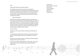 Mauricio Navarro Urban Interlude


                                                                                               "Space Program
Zone 3
                                                                                               Library public use of three levels.
General spatial characteristic and architectural objective.                                    Acoustics Plaza
                                                                                               The last track gateway
The rehabilitation of the area and the proposition of a new physiognomy,
                                                                                               New green areas
restructuration and rethinking of the east sector between the railroad and cemetery, the
                                                                                               Small Square
last track of the runway from Ban Torget, generation of the major link towards the area
                                                                                               Pedestrian access
of the train station in its back access, acoustic plaza, mini runway sideway access,
incorporate urban connection elements towards the project and acoustic response to
the presence of the cemetery.

    -    Proposed Functional axis

Responding to the constant acoustic degradation presented in the proposal, from a
noise in the city to the cemetery’s silence of the Sankt Peters Klosters, the creation of a
space dedicated to resting, in this case it has been chosen the installation of a library of
public character in the site and more marked resting spaces, belonging to the change
of rhythm and direction of the proposal, as some are areas dedicated to contemplation,
open lectures, acoustic isolation of public spaces and a treatment isolating similar to
the central building, for isolating the sound in a railroad.

-Parameter of Design

Following the line of the runway and adapt it to the geometry comprehended in the
cemetery.

To treat acoustically the dedicated areas to spaces that will mark the more significant
pause of the proposal following the logic given by the degradation of the acoustic
intensity.

Defining the encounter between the station on its backdoor and the proposal keeping
the autonomy of the proposal in spatial terms.

Connect the plaza between byggmästaregatan and trollevergsvagen and other urban
external spaces to the body of the proposed object by using the walkways and
pedestrian ways.




                                                                                                                                                                  33
 