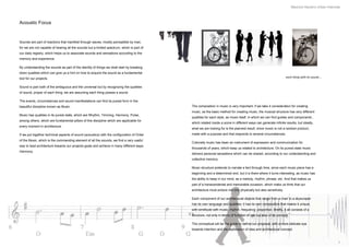 Mauricio Navarro Urban Interlude



Acoustic Focus



Sounds are part of reactions that manifest through waves, mostly perceptible by man,
for we are not capable of hearing all the sounds but a limited spectrum, which is part of
our daily registry, which helps us to associate sounds and sensations according to the
memory and experience.

By understanding the sounds as part of the identity of things we shall start by breaking
down qualities which can give us a hint on how to acquire the sound as a fundamental
tool for our projects.                                                                                                                                            each thing with its sound….


Sound is part both of the ambiguous and the universal but by recognizing the qualities
of sound, proper of each thing; we are assuming each thing posses a sound.

The events, circumstances and sound manifestations can find its purest form in the
beautiful discipline known as Music.                                                        The composition in music is very important, if we take it consideration for creating
                                                                                            music, as the basic method for creating music, the musical structure has very different
Music has qualities in its purest state, which are Rhythm, Timming, Harmony, Pulse,
                                                                                            qualities for each style, as music itself, in which we can find guides and components ,
among others, which are fundamental pillars of this discipline which are applicable for
                                                                                            which related inside a score in different ways can generate infinite results, but ideally,
every moment in architecture.
                                                                                            what we are looking for is the planned result, since music is not a random product,
If we put together technical aspects of sound (acoustics) with the configuration of Order   made with a purpose and that responds to several circumstances.
of the Music, which is the commanding element of all the sounds, we find a very useful
                                                                                            Culturally music has been an instrument of expression and communication for
way to lead architecture towards our projects goals and achieve in many different ways
                                                                                            thousands of years, which keep us related to architecture. On its purest state music
Harmony.
                                                                                            delivers personal sensations which can be shared, according to our understanding and
                                                                                            collective memory.

                                                                                            Music structure pretends to narrate a fact through time, since each music piece has a
                                                                                            beginning and a determined end, but it is there where it turns interesting, as music has
                                                                                            the ability to keep in our mind, as a melody, rhythm, phrase, etc. And that makes us
                                                                                            part of a transcendental and memorable occasion, which make us think that our
                                                                                            architecture must endure not only physically but also sensitively.

                                                                                            Each component of our architectural objects that range from a chair to a skyscraper
                                                                                            has its own language and qualities; it has its own composition that makes it unique,
                                                                                            with similitude with music, rhythm, frequency, proportion. Briefly, it all consists of a
                                                                                            structure, not only in terms of function of use but also of its concept.

                                                                                            The conceptual will be the guide to define our proposal, with a more delicate eye
                                                                                            towards intention and the expression of idea and architectural concept.



                                                                                                                                                                                                     7
 