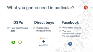 What you gonna need in particular?
DSPs
✅ Independent
measurement
✅ White-listed account
✅ Your own
infrastructure to save
the logs in real time
+
✅ Raw impression
data
FacebookDirect buys
 