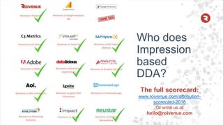 Who does
Impression
based
DDA?
The full scorecard:
www.roivenue.com/attribution-
scorecard-2018
Or write us at
hello@roivenue.com
 