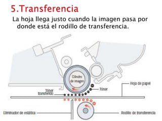 5.TransferenciaLa hoja llega justo cuando la imagen pasa por donde está el rodillo de transferencia.