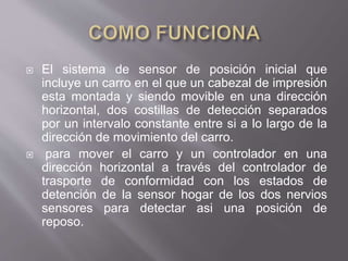  El sistema de sensor de posición inicial que
incluye un carro en el que un cabezal de impresión
esta montada y siendo movible en una dirección
horizontal, dos costillas de detección separados
por un intervalo constante entre si a lo largo de la
dirección de movimiento del carro.
 para mover el carro y un controlador en una
dirección horizontal a través del controlador de
trasporte de conformidad con los estados de
detención de la sensor hogar de los dos nervios
sensores para detectar asi una posición de
reposo.
 