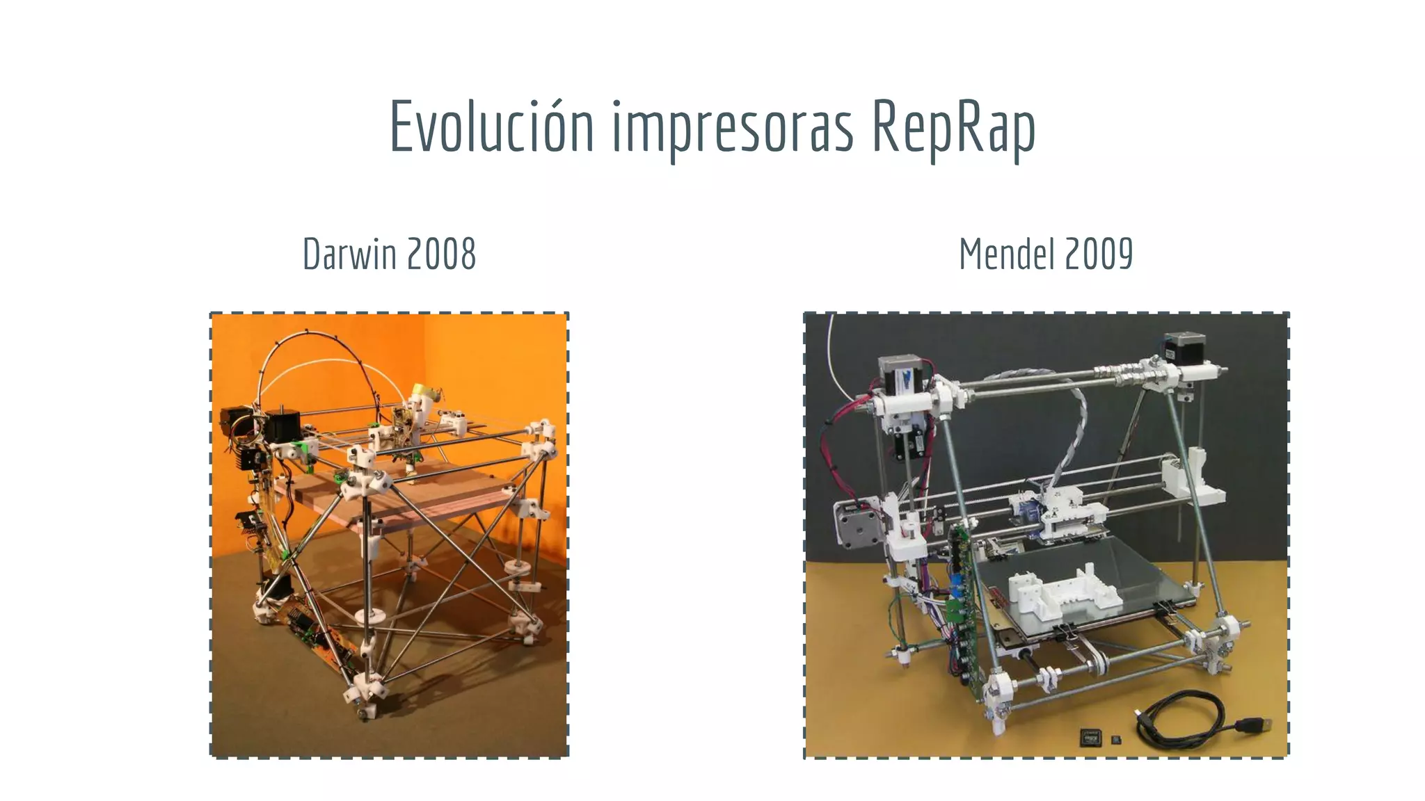 Evolución impresoras RepRap
Darwin 2008 Mendel 2009
 