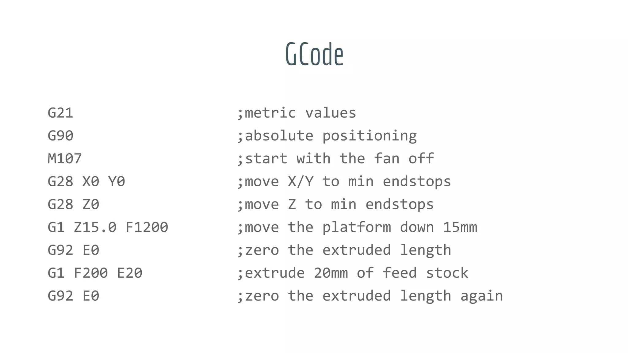 GCode
G21 ;metric values
G90 ;absolute positioning
M107 ;start with the fan off
G28 X0 Y0 ;move X/Y to min endstops
G28 Z0 ;move Z to min endstops
G1 Z15.0 F1200 ;move the platform down 15mm
G92 E0 ;zero the extruded length
G1 F200 E20 ;extrude 20mm of feed stock
G92 E0 ;zero the extruded length again
 