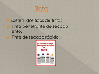 TintaExisten  dos tipos de tinta: Tinta penetrante de secado lento. Tinta de secado rápido.