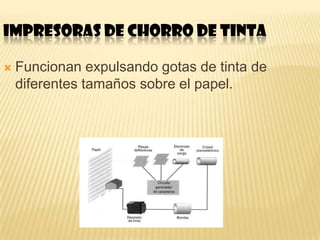 IMPRESORAS DE CHORRO DE TINTA

   Funcionan expulsando gotas de tinta de
    diferentes tamaños sobre el papel.
 