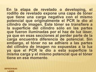    En la etapa de revelado o developing, el rodillo de revelado expone una capa de tóner que tiene una carga negativa con el mismo potencial que originalmente el PCR le dio al cilindro de imagen. Este tóner se transfiere a la superficie del cilindro sólo en las partes que fueron iluminadas por el haz de luz láser, ya que en esas secciones al perder parte de la carga encuentra diferencia de potencial. Sin embargo, el tóner no se adhiere a las partes del cilindro de imagen no expuestas a la luz ya que el PCR le dio a esta superficie la misma carga y el mismo potencial que el tóner tiene en ese momento.IMPRESORAS LASER 