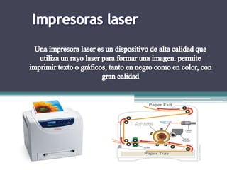 Impresoras laser Una impresora laser es un dispositivo de alta calidad que utiliza un rayo laser para formar una imagen. permite imprimir texto o gráficos, tanto en negro como en color, con gran calidad  