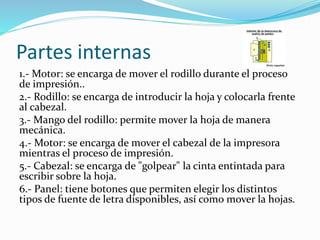 Partes internas
1.- Motor: se encarga de mover el rodillo durante el proceso
de impresión..
2.- Rodillo: se encarga de introducir la hoja y colocarla frente
al cabezal.
3.- Mango del rodillo: permite mover la hoja de manera
mecánica.
4.- Motor: se encarga de mover el cabezal de la impresora
mientras el proceso de impresión.
5.- Cabezal: se encarga de "golpear" la cinta entintada para
escribir sobre la hoja.
6.- Panel: tiene botones que permiten elegir los distintos
tipos de fuente de letra disponibles, así como mover la hojas.
 