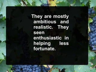 They are mostly
ambitious and
realistic. They
seen
enthusiastic in
helping less
fortunate.
 