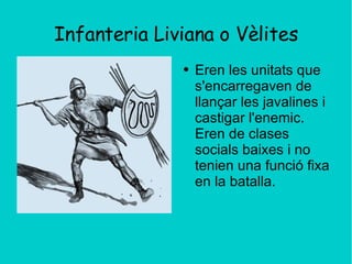 Infanteria Liviana o Vèlites Eren les unitats que s'encarregaven de llançar les javalines i castigar l'enemic. Eren de clases socials baixes i no tenien una funció fixa en la batalla. 