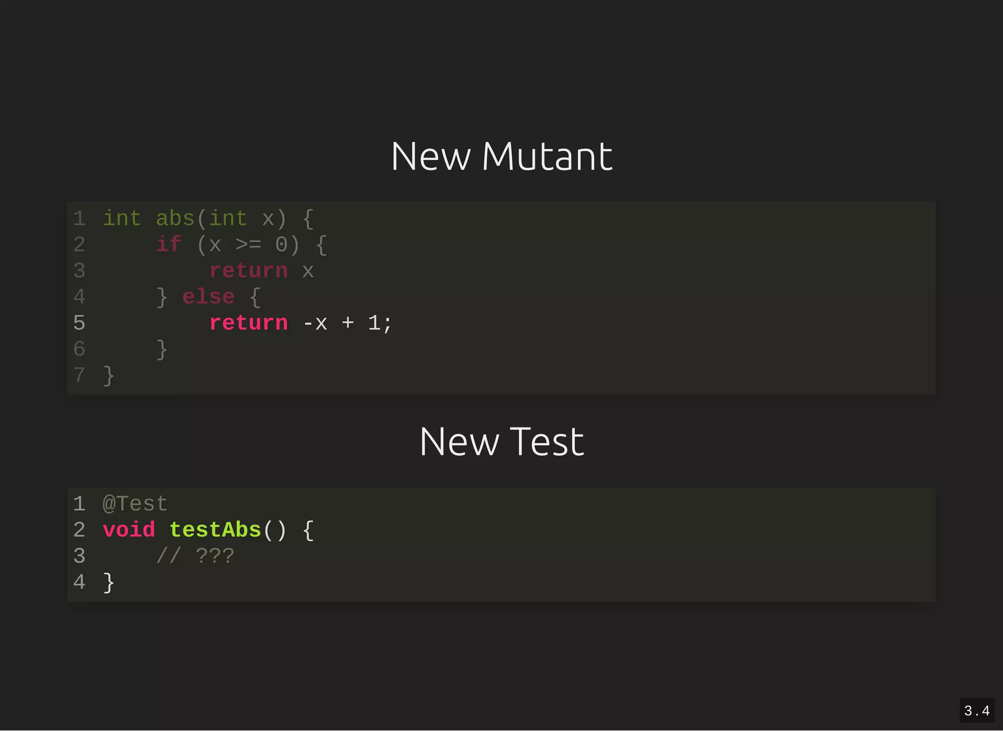 New Mutant
New Test
return -x + 1;
int abs(int x) {1
if (x >= 0) {2
return x3
} else {4
5
}6
}7
@Test
void testAbs() {
// ???
}
1
2
3
4
3 . 4
 