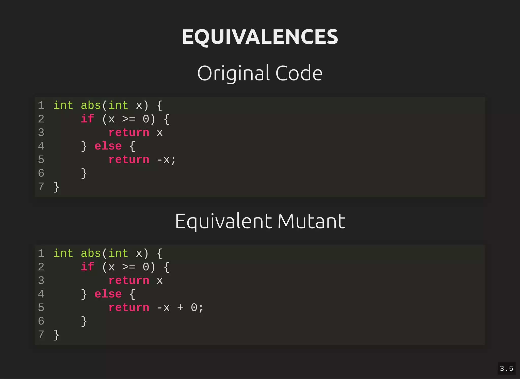 EQUIVALENCESEQUIVALENCES
Original Code
Equivalent Mutant
int abs(int x) {
if (x >= 0) {
return x
} else {
return -x;
}
}
1
2
3
4
5
6
7
int abs(int x) {
if (x >= 0) {
return x
} else {
return -x + 0;
}
}
1
2
3
4
5
6
7
3 . 5
 