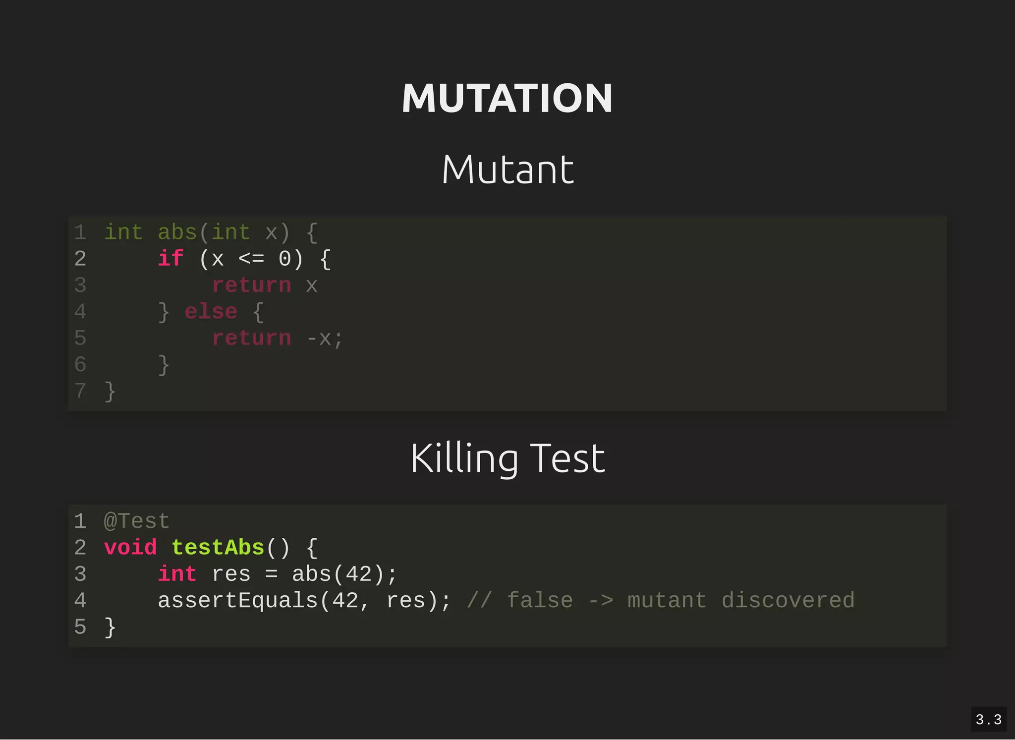 MUTATIONMUTATION
Mutant
Killing Test
if (x <= 0) {
int abs(int x) {1
2
return x3
} else {4
return -x;5
}6
}7
@Test
void testAbs() {
int res = abs(42);
assertEquals(42, res); // false -> mutant discovered
}
1
2
3
4
5
3 . 3
 