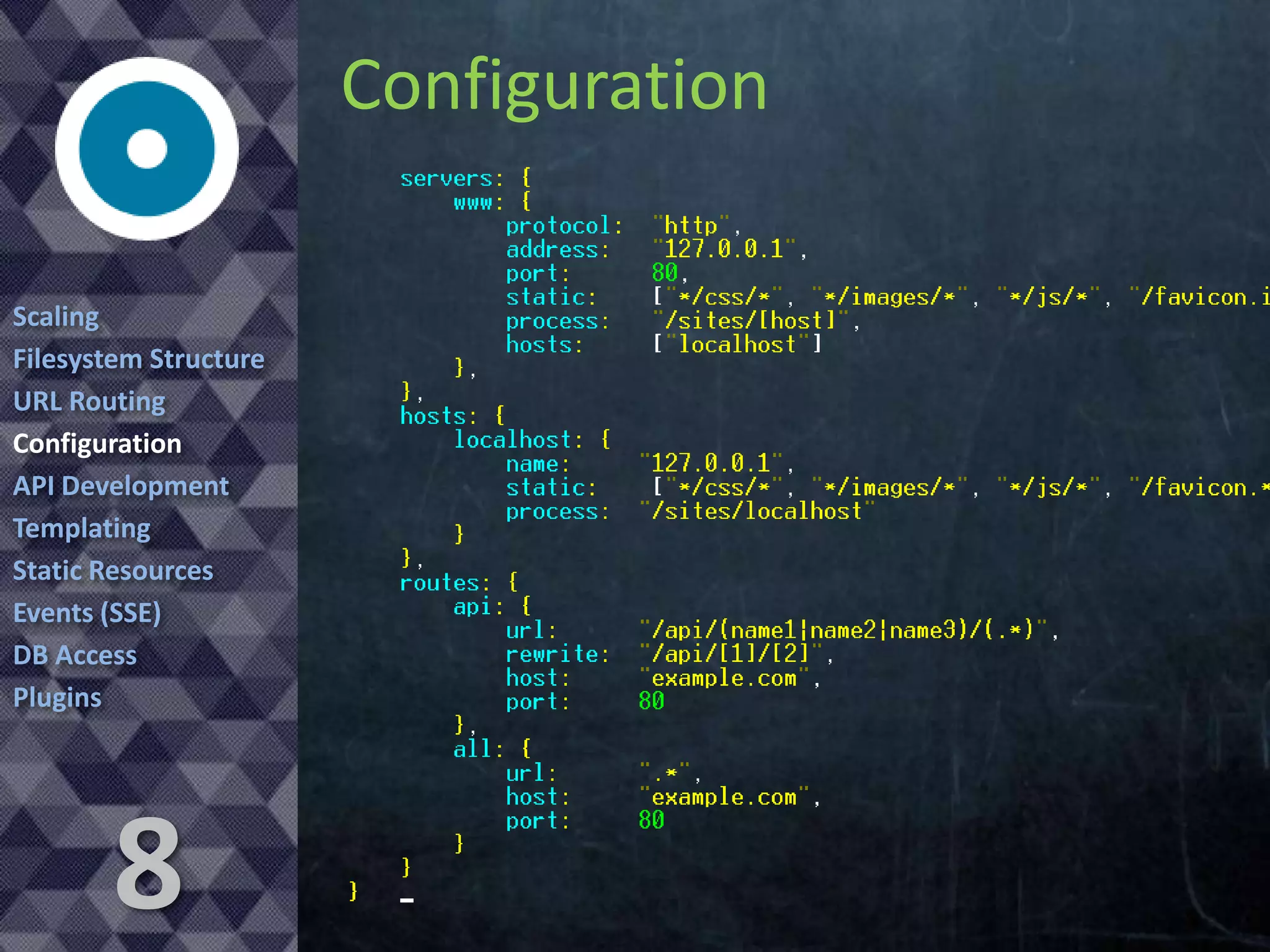 Configuration
Scaling
Filesystem Structure
URL Routing
Configuration
API Development
Templating
Static Resources
Events (SSE)
DB Access
Plugins

8

 