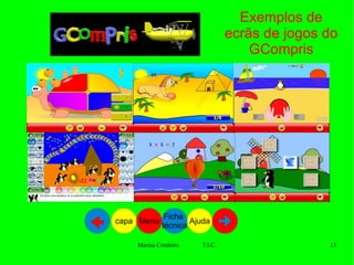 Exemplos de ecrãs de jogos do GCompris Ajuda Ficha  técnica Menu capa 