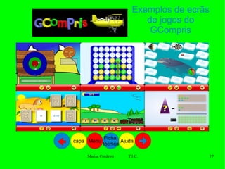 Exemplos de ecrãs de jogos do GCompris Ajuda Ficha  técnica Menu capa 