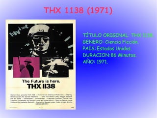 THX 1138 (1971) TÍTULO ORIGINAL : THX 1138. GENERO: Ciencia Ficción. PAIS: Estados Unidos. DURACION: 86 Minutos. AÑO: 1971. 