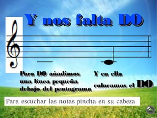 Y nos falta DO
Y nos falta DO
Para DO añadimos
Para DO añadimos Y en ella
Y en ella
una línea pequeña
una línea pequeña colocamos el
debajo del pentagrama colocamos el
debajo del pentagrama
DO
DO