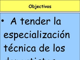 Objectivos A tender la especialización técnica de los deportistas desde sus inicios, a temprana edad, y durante las diversas etapas de su perfeccionamiento deportivo, en su ámbito territorial, hasta su consolidación como deportistas de alto nivel. Ayudar a compatibilizar la práctica deportiva con la formación académica del deportista, con el claro objetivo de conseguir la formación integral de los jóvenes deportistas. Conseguir un proyecto técnico único, que pueda ser aplicado, inicialmente, en las fases de tecnificación autonómica, y posteriormente, en la alta competición nacional, en el que colaboren las Federaciones Autonómicas y las correspondientes Españolas. La detección de promesas deportivas. 