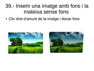 39.- Inserir una imatge amb fons i la
mateixa sense fons
● Clic dret d'amunt de la imatge i donar fons
 