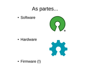 As partes...
● Software
● Hardware
● Firmware (!)
 