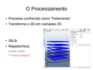 O Processamento
● Processo conhecido como “Fatiamento”
● Transforma o 3D em camadas 2D
● Slic3r
● RepetierHost,
usando o slic3r.
*** Gera o código G
 