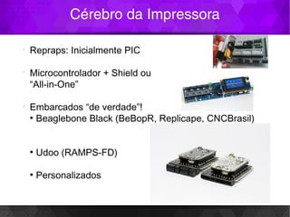 Cérebro da Impressora
l
Repraps: Inicialmente PIC
l
Microcontrolador + Shield ou
“All-in-One”
l
Embarcados “de verdade”!
●
Beaglebone Black (BeBopR, Replicape, CNCBrasil)
●
Udoo (RAMPS-FD)
●
Personalizados
 