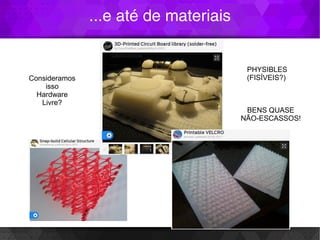 ...e até de materiais
Consideramos
isso
Hardware
Livre?
PHYSIBLES
(FISÍVEIS?)
BENS QUASE
NÃO-ESCASSOS!
 