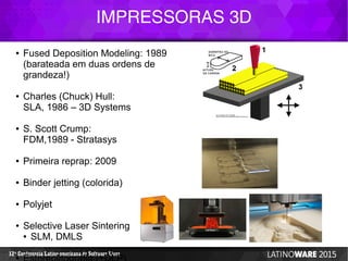 IMPRESSORAS 3D
12 Conferencia Latino-americana de Software Livreª
● Fused Deposition Modeling: 1989
(barateada em duas ordens de
grandeza!)
● Charles (Chuck) Hull:
SLA, 1986 – 3D Systems
● S. Scott Crump:
FDM,1989 - Stratasys
● Primeira reprap: 2009
● Binder jetting (colorida)
● Polyjet
● Selective Laser Sintering
● SLM, DMLS
●
 