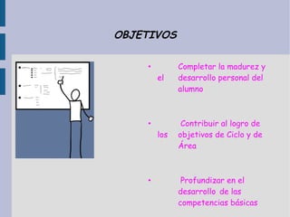 OBJETIVOS • Completar la madurez y el  desarrollo personal del  alumno •   Contribuir al logro de los  objetivos de Ciclo y de  Área •   Profundizar en el  desarrollo  de las  competencias básicas 