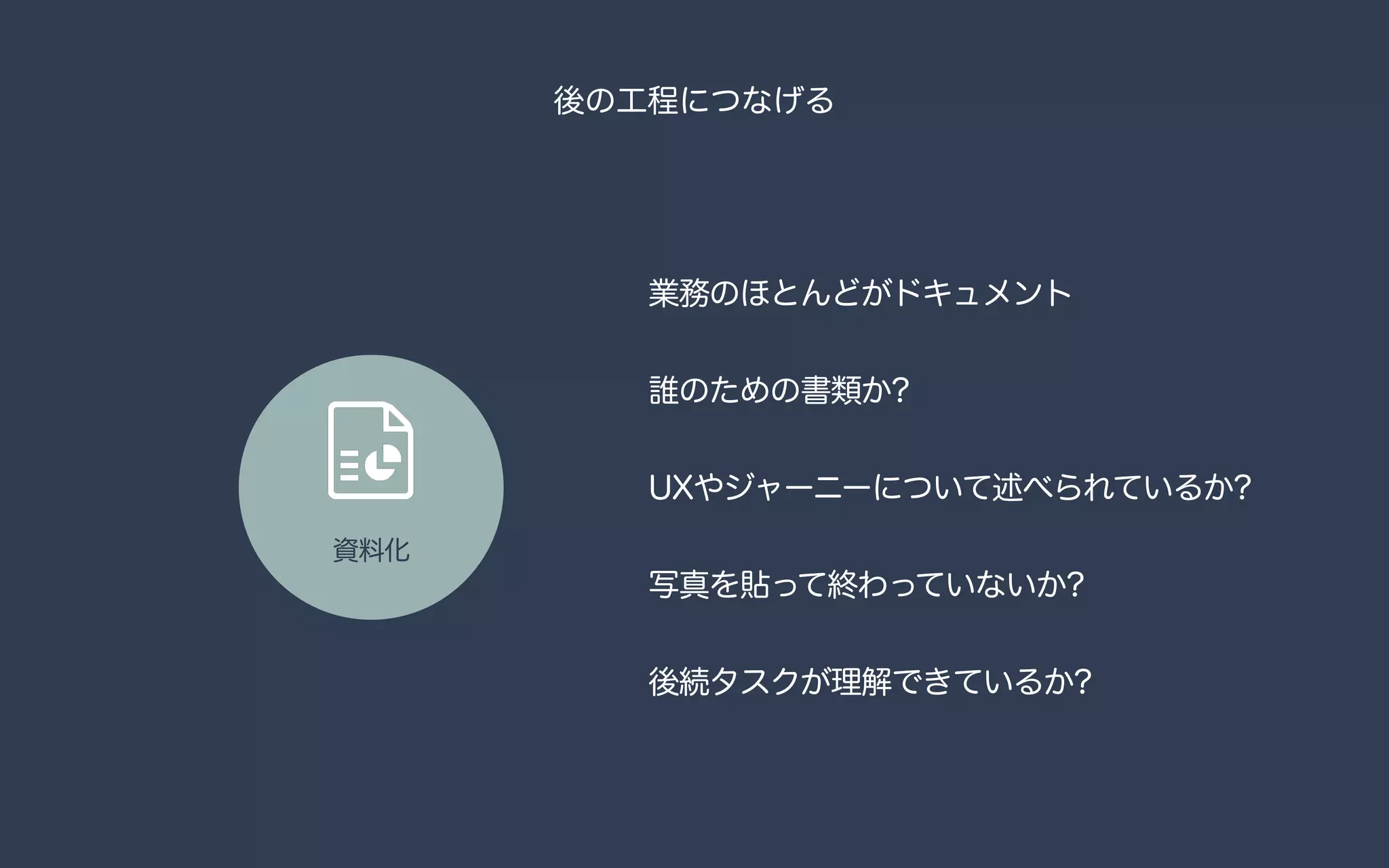 業務のほとんどがドキュメント
誰のための書類か?
UXやジャーニーについて述べられているか?
写真を貼って終わっていないか?
後続タスクが理解できているか?
後の工程につなげる
資料化
 