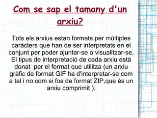 Com se sap el tamany d'un arxiu? Tots els arxius estan formats per múltiples caràcters que han de ser interpretats en el conjunt per poder ajuntar-se o visualitzar-se. El tipus de interpretació de cada arxiu està donat  per el format que utilitza (un arxiu gràfic de format GIF ha d'interpretar-se com a tal i no com si fos de format ZIP,que és un arxiu comprimit ). 