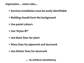 Impression… some rules…

  • Services installation must be easily identifiable

  • Building should form the background

  • Use pastel colours

  • Use ‘Stylus BT’

  • Use black lines for plant

  • Wavy lines for pipework and ductwork

  • Use thicker lines for ductwork


                 … to achieve consistency
 