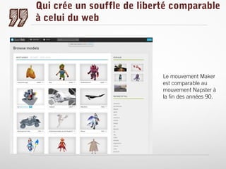 Qui crée un souffle de liberté comparable
à celui du web

Le mouvement Maker
est comparable au
mouvement Napster à
la fin des années 90.

 
