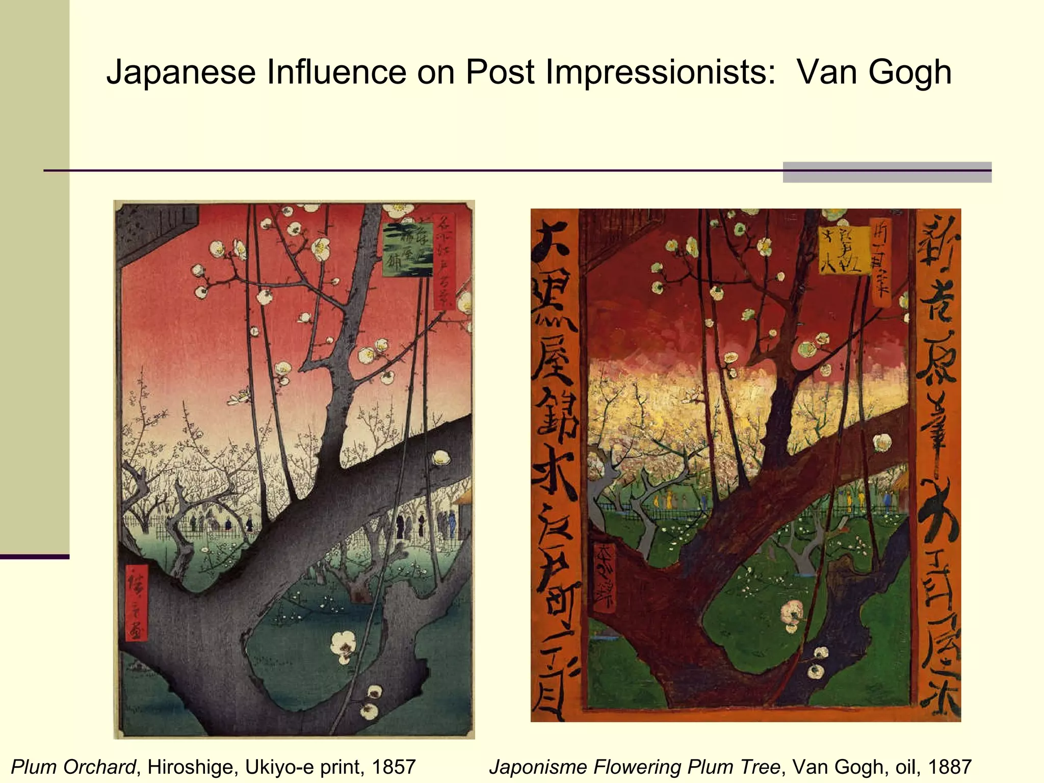 Plum Orchard , Hiroshige, Ukiyo-e print, 1857 Japonisme Flowering Plum Tree , Van Gogh, oil, 1887 Japanese Influence on Post Impressionists:  Van Gogh 