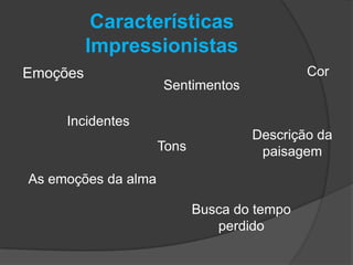 Características
          Impressionistas
Emoções                                      Cor
                     Sentimentos

     Incidentes
                                    Descrição da
                     Tons            paisagem

As emoções da alma

                            Busca do tempo
                               perdido
 