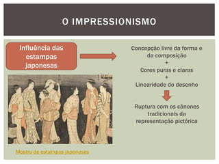 O IMPRESSIONISMO

 Influência das                Concepção livre da forma e
   estampas                         da composição
   japonesas                               +
                                  Cores puras e claras
                                           +
                                Linearidade do desenho


                                Ruptura com os cânones
                                    tradicionais da
                                representação pictórica




Mostra de estampas japonesas
 