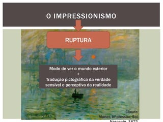 O IMPRESSIONISMO


          RUPTURA



  Modo de ver o mundo exterior
                +
Tradução pictográfica da verdade
sensível e perceptiva da realidade




                                         Claude
                           Monet, Impressão, Sol
 