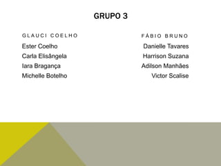 GRUPO 3
G L A U C I C O E L H O
Ester Coelho
Carla Elisângela
Iara Bragança
Michelle Botelho
F Á B I O B R U N O
Danielle Tavares
Harrison Suzana
Adilson Manhães
Victor Scalise
 