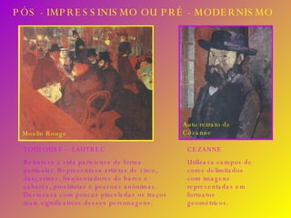 PÓS - IMPRESSINISMO OU PRÉ - MODERNISMO CEZANNE Utilizava campos de cores delimitados com imagens representadas em formatos geométricos. TOULOUSE – LAUTREC Retratava a vida parisiense de forma particular. Representava artistas de circo, dançarinas, freqüentadores de bares e cabarés, prostitutas e pessoas anônimas. Destacava com poucas pinceladas os traços mais significativos desses personagens.  Auto retrato de Cézanne Moulin Rouge 